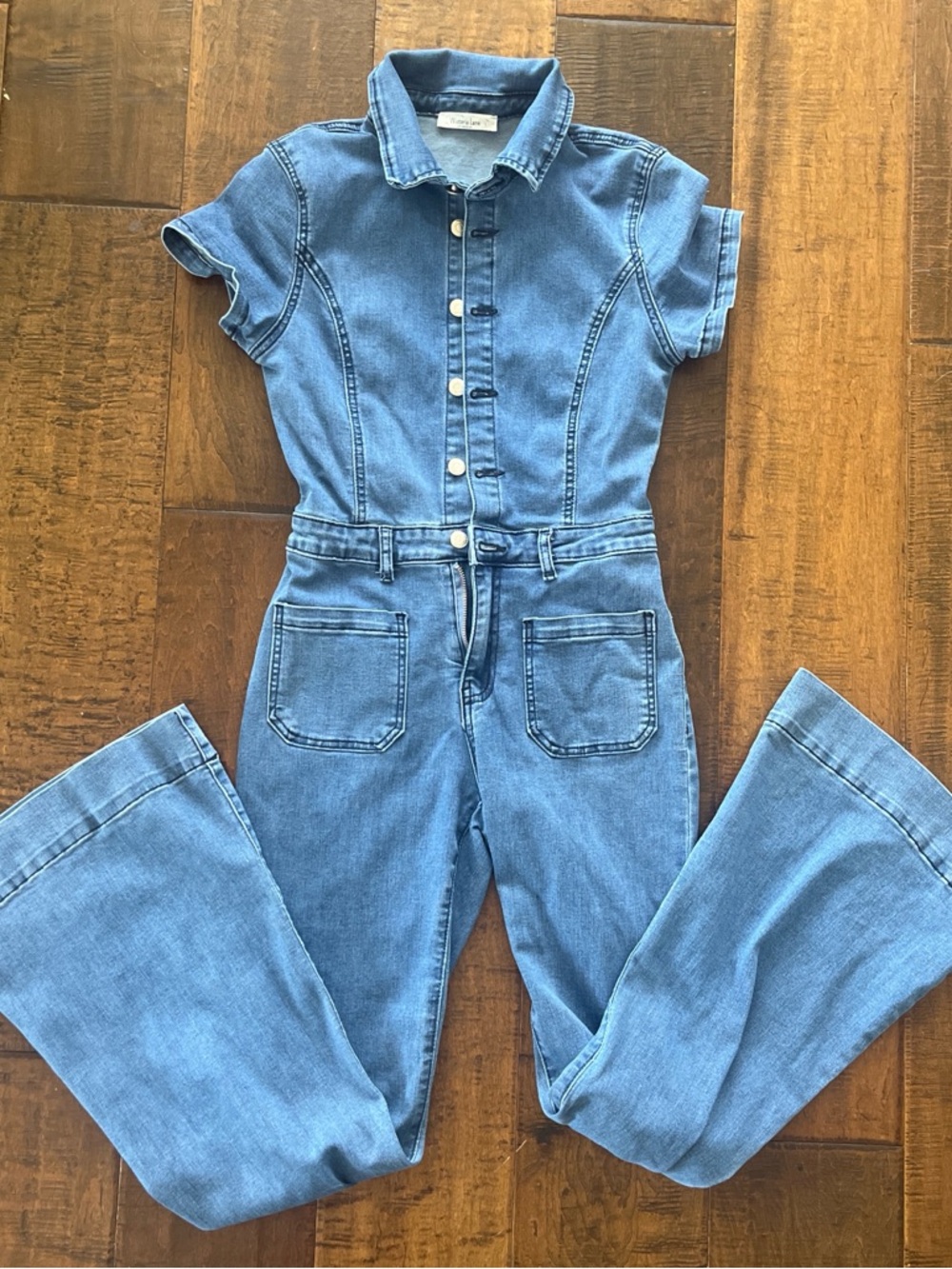 Wisteria Lane retro western denim flare leg jumpsuit with collared neckline